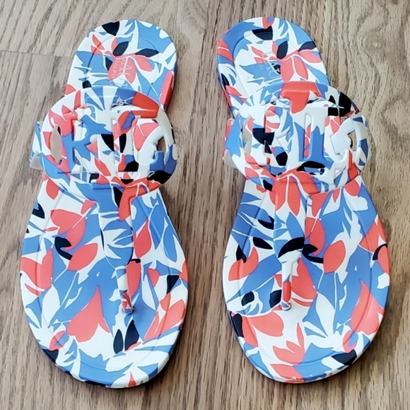 Ralph Lauren Audrie Monogram Thong Sandal, Coral/Purplish/Navy, Wm 7, EUC - Picture 1 of 14
